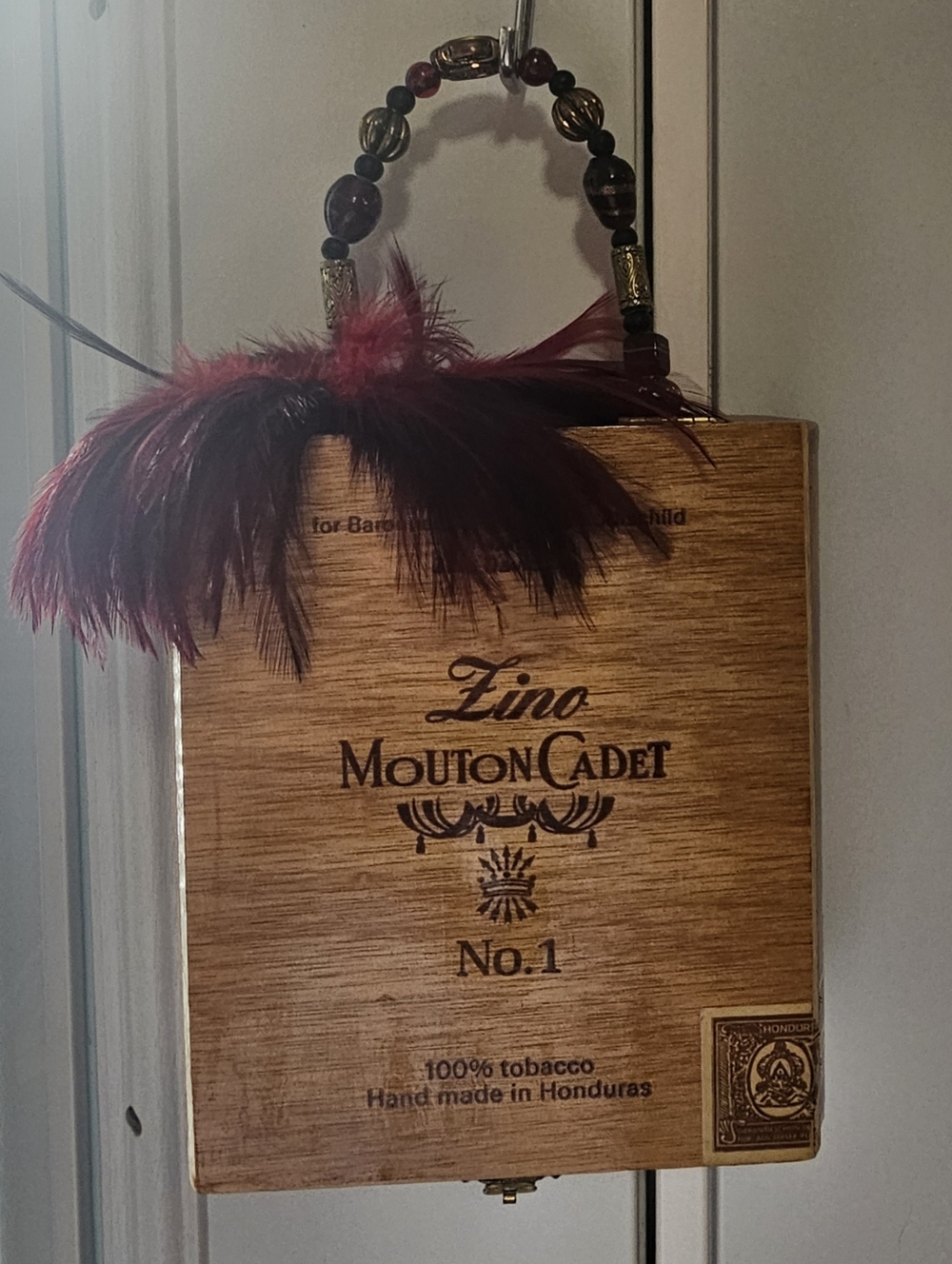 Cigar Box Purse With Feather and Beaded Handle Wood Statement Bag